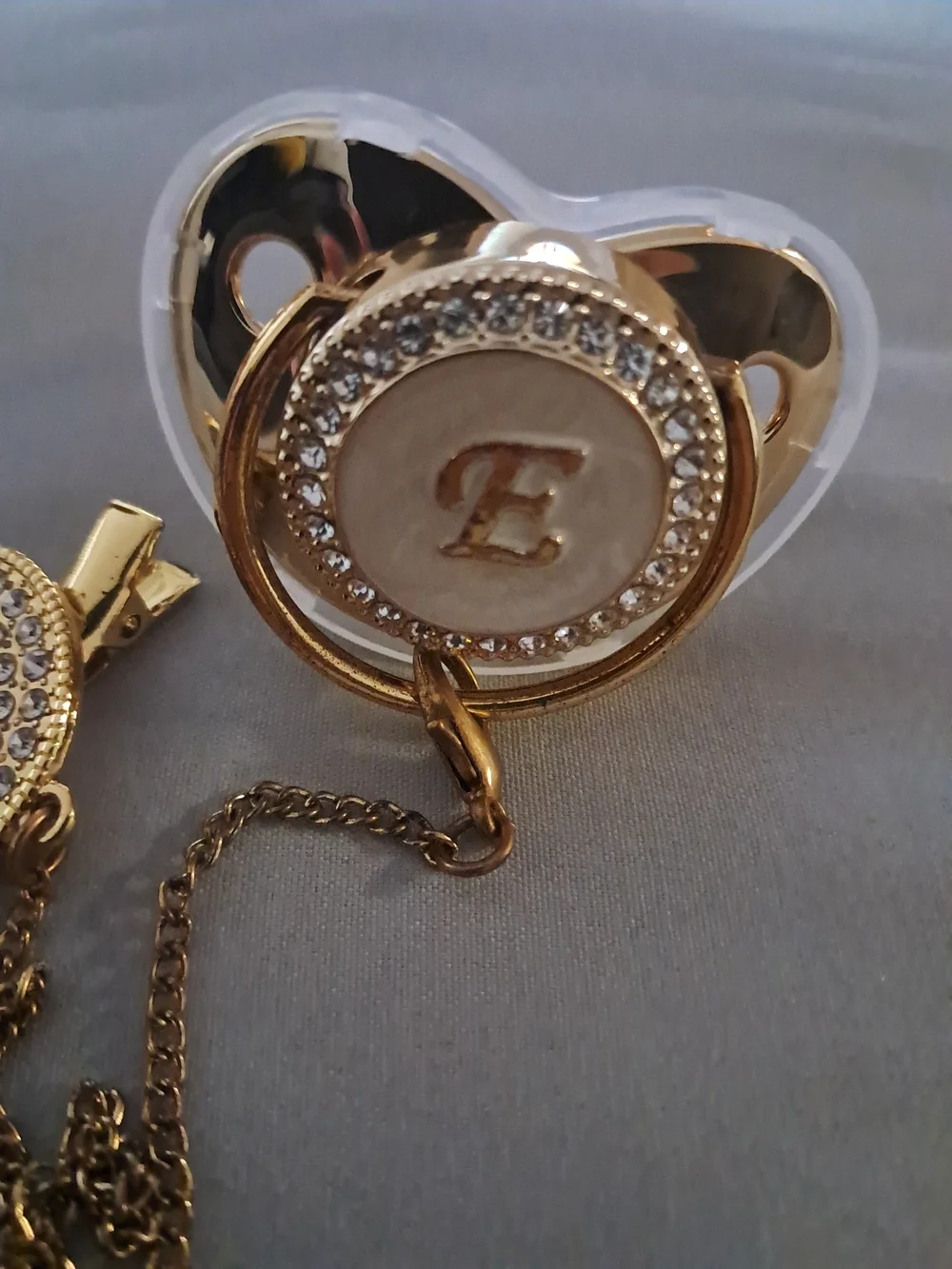 Gold Rhinestone Pacifier Clip with Initial E Charm